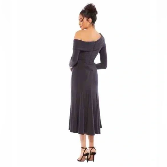 MAC DUGGAL Dress IEENA Womens Black MIDI Fit Flare 14 jeweled cuffs off-shoulder MAC DUGGAL Dress IEENA Womens Black MIDI Fit Flare 14 jeweled cuffs off-shoulder